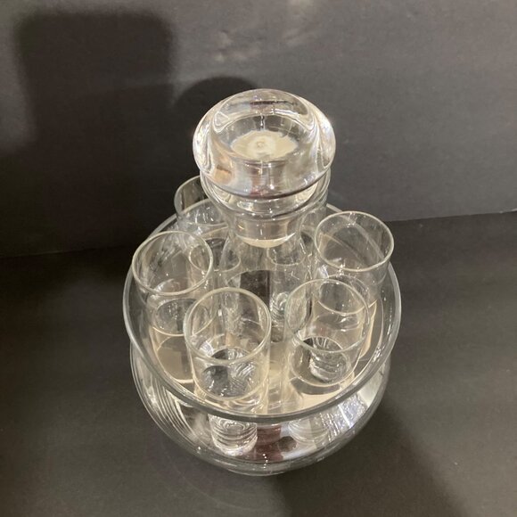 Vintage Czech Glass Grooms Gift Decanter Set With 6 Shot Glasses And Ice Bowl - Picture 5 of 9